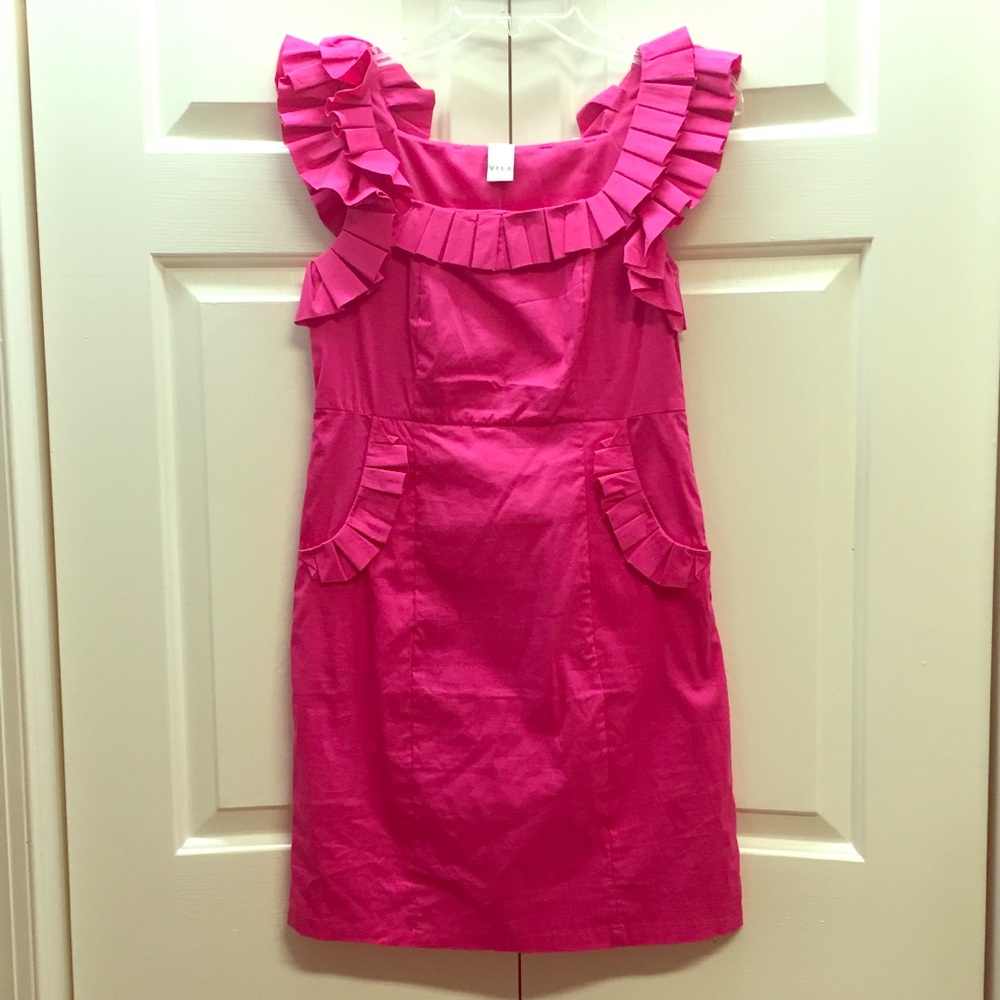 Nw/oT Hot Pink Dress W/ Ruffled Shoulders&Pockets